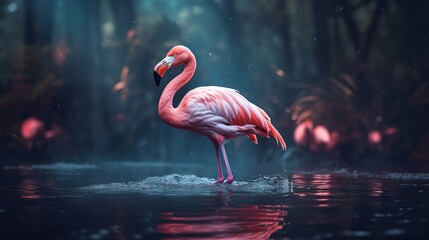 Pink flamingo on a blue background closeup view ai generative