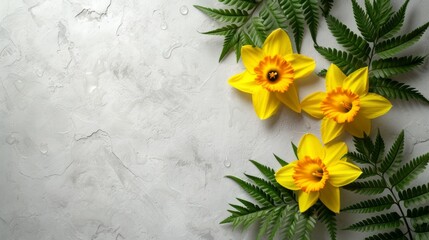 Spring flatlay background for text with colorful flowers. White marble texture background with yellow daffodils.. Product mockup scene creator.