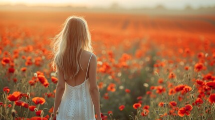 A beautiful girl walks through a field with blooming tulips
