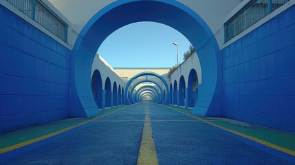 Futuristic Blue Archway Tunnel on a City Road