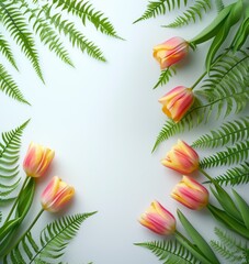 Naklejka na ściany i meble Spring flatlay background for text with colorful flowers. White background with pink and yellow tulips.. Product mockup scene creator.