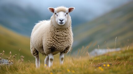 A beautiful big fat sheep stands and looks at the camera