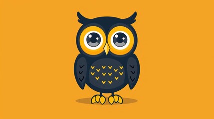  a black and yellow owl sitting on top of a yellow background with the words owl on it's left side and the words owl on the right side of the owl's left side of the image.