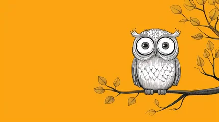 Foto op Plexiglas  a drawing of an owl sitting on a branch of a tree with leaves on it's branches, with a yellow background and a yellow sky in the background. © Nadia