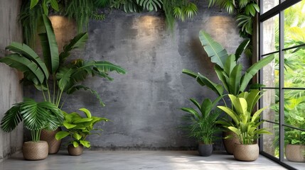 Contemporary Space with Indoor Plants and Concrete Wall