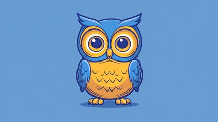  an orange and blue owl with big eyes on a blue background with a blue background and a blue background with a blue background and a blue background with an owl.