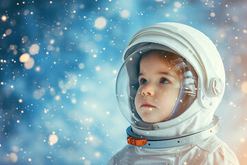 Little child girl in an astronaut costume and dreaming of becoming a spaceman.