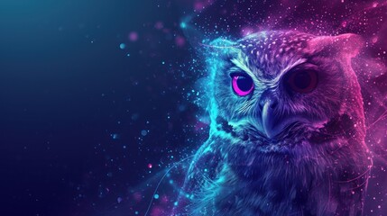  a close up of an owl's face with bright pink and blue lights on it's face and in the background is a blurry background of stars.