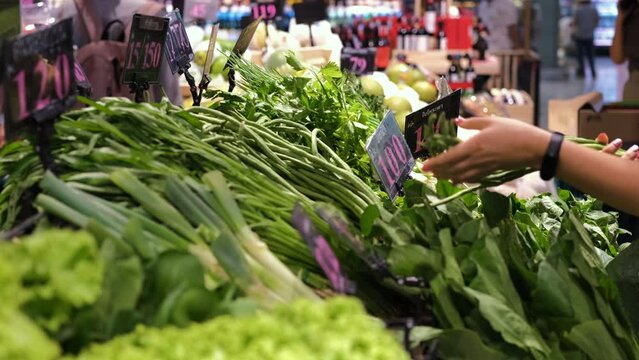 Woman buying fresh green vegetables at grocery, choosing between long beans, garlic chives and parsley