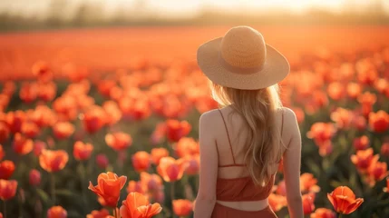 Muurstickers A beautiful girl walks through a field with blooming tulips © olegganko