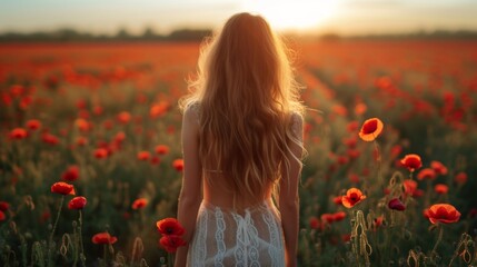 Fototapeta na wymiar A beautiful girl walks through a field with blooming tulips