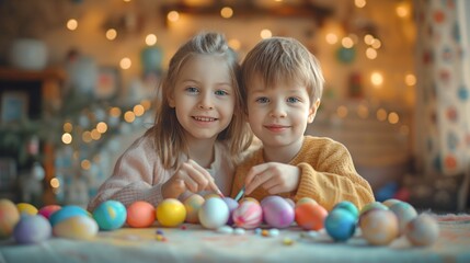 Fototapeta na wymiar A boy and an eight-year-old girl paint eggs for Easter