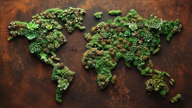 World map made of moss and cactus. All continents of the green world