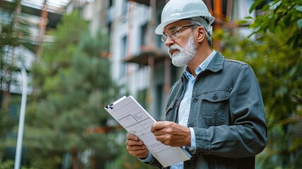 The building contractor, the architect holds the drawings in his hands. A construction site. With plans in hand, the architect takes charge, overseeing the progress of the construction site.