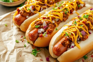 Close up horizontal shot of three chili hot dogs topped with cheddar onion and spicy sauce on a...