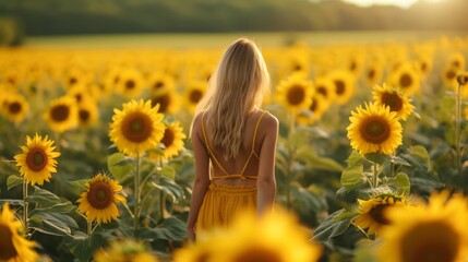 A beautiful young girl walks through a field with blooming sunflowers
