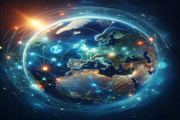 "Global Network: Digital Map of Planet Earth with European Connectivity"