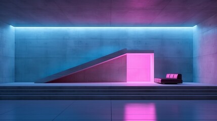 Abstract architectural concrete interior of a minimalist house with color gradient neon lighting 3d
