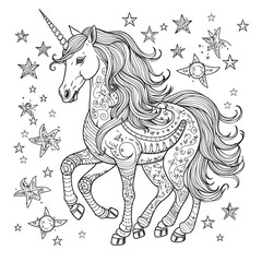 Beautiful Unicorn Coloring Page, Perfect Design For your Project and Creations, Ai Generative