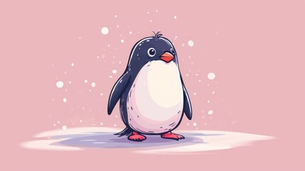  a penguin is standing in the snow with its head turned to look like it is wearing a red nose and a black nose with a white nose and a red nose.