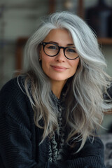 woman, smiling gently, wears glasses and a black sweater, against a soft-focused background. warmth and approachability, suitable for lifestyle, fashion and business use.