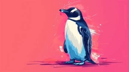  a blue and white penguin standing on its hind legs on a pink background with a splash of paint coming out of its beak and the top of it's head.