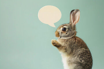 Portrait of cute bunny easter holding up empty speech bubble in studio background.