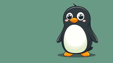  a cartoon penguin with big eyes and a black and white body, standing in front of a green background, with one eye wide open and one eye wide open.