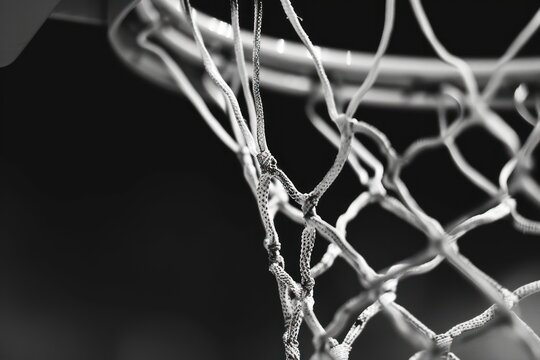 Close up of a black and white basketball net in darkness with no movement