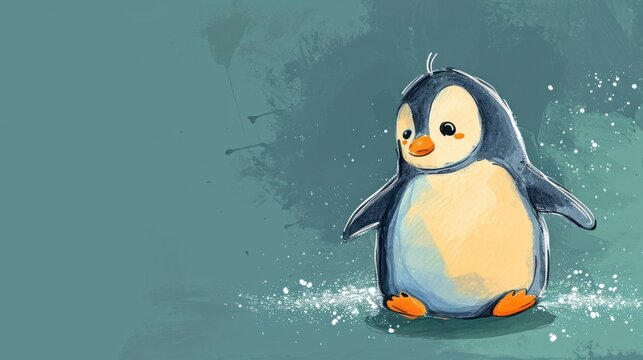  a drawing of a penguin on a blue background with a splash of water on the bottom of the image and a splash of water on the bottom of the image.