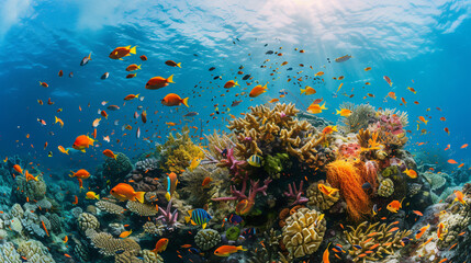 A vibrant coral reef bustling with colorful fish and marine life. - obrazy, fototapety, plakaty