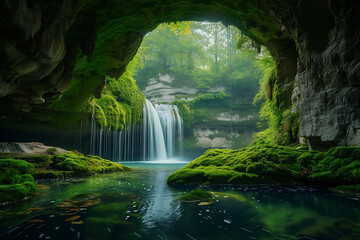 Waterfall in the cave with green moss.