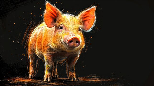  a painting of a pig on a black background with a splash of paint on the pig's face and the pig's ear is looking up to the side.