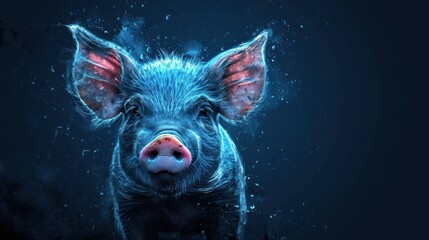  a close up of a pig's face with water splashing on it's face and a black background with a red spot in the center of the pig's ear.