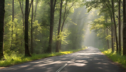 Whispers of Adventure Endless road through a rainforest, whispering tales of faraway lands and untold stories

