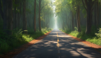 Naklejka premium Whispers of Adventure Endless road through a rainforest, whispering tales of faraway lands and untold stories 
