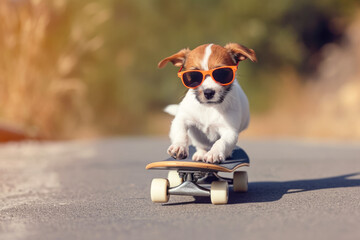 puppy wearing sunglasses and riding a skateboard - Powered by Adobe