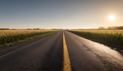 Whispers of Adventure Endless road through a Cornfield, whispering tales of faraway lands and untold stories
