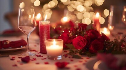romantic centerpiece using candles, flowers, and a touch of glitter for a Valentine's Day dinner table