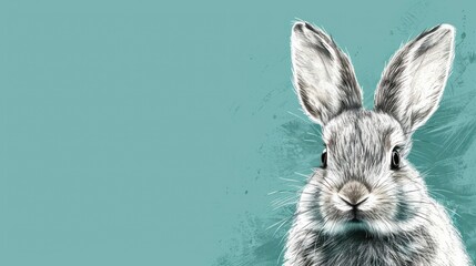  a close up of a rabbit's face on a blue background with a white spot on the left side of the face and a black spot on the right side of the rabbit's face.