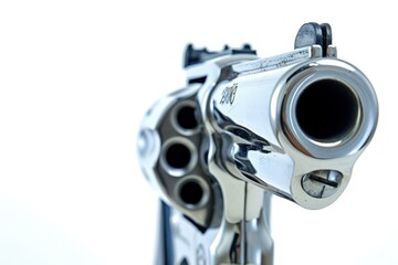 Close up of a loaded 38 caliber revolver pistol pointed on a white surface