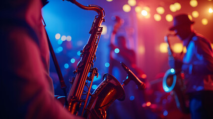 A vibrant jazz band performing in a dimly lit club with saxophones trumpets and a double bass.