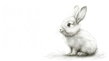  a black and white drawing of a rabbit sitting on the ground with its head turned to the side and eyes wide open, with one ear slightly to the other side.