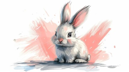  a drawing of a rabbit sitting in front of a red and white background with a splash of paint on it's back and the front of the rabbit's head.