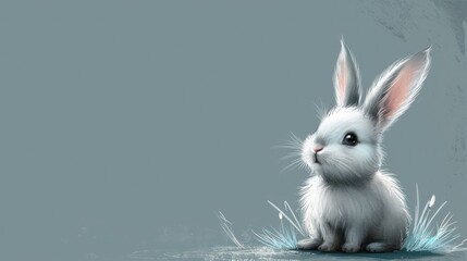  a white rabbit sitting on top of a blue and white floor next to a gray wall and a blue and white wall with a white rabbit on it's face.