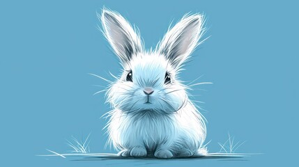  a drawing of a white rabbit sitting on the ground looking at the camera with a sad look on it's face, with its eyes wide open and ears wide open.