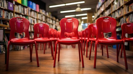Bright red chairs arranged in a library setting for an event