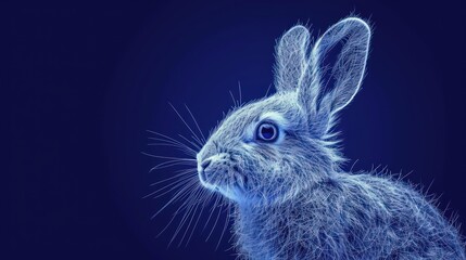  a close up of a rabbit's face on a blue background with a blurry image of a rabbit's head in the center of the image is shown.
