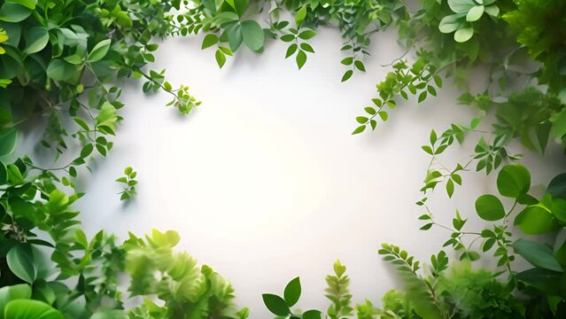 Green tropical leaves frame on white background for text or logo. Jungle green plants on white screen. Stylish nature moving beauty