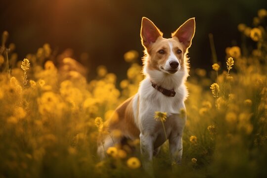 Portuguese podengo pequeno dog sitting in meadow field surrounded by vibrant wildflowers and grass on sunny day ai generated